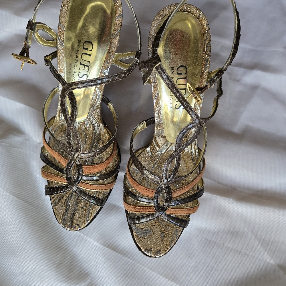 GUESS Women's Strappy Gold and Brown Sandals